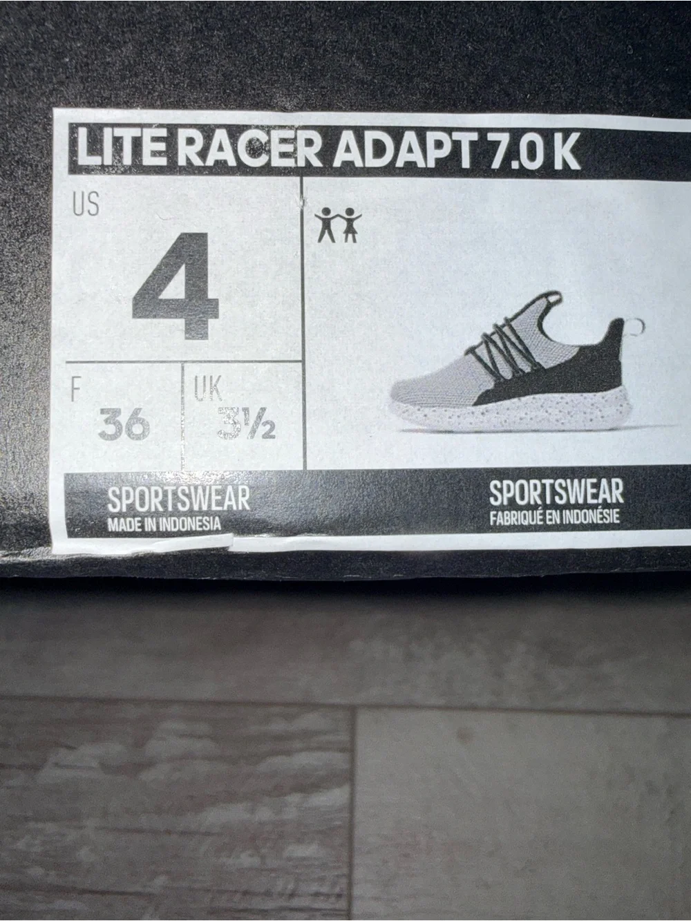 Adidas Lite Racer Adapt 7.0 Kids Size 4 Black White Cloudfoam NWT
